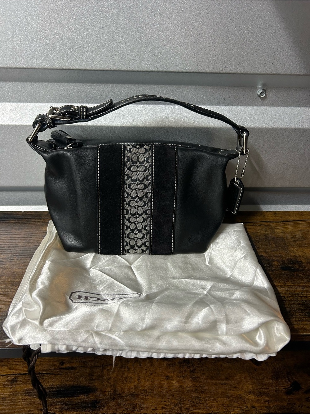Vtg COACH Small Black Leather Handbag with Signature & Suede Stripes - Rehabbed